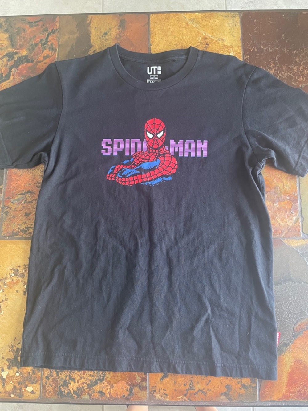 Marvel Black Tee with Red & Blue Spider-Man Pixel Art (370)